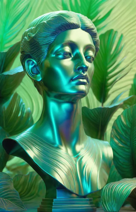 vaporwave aesthetics, holographic holography. an iridescent greek bust made of (dark metallic lines of an old topographical map:1.4). green-hued monstera leaves in the background <lora:Holography:0.8>