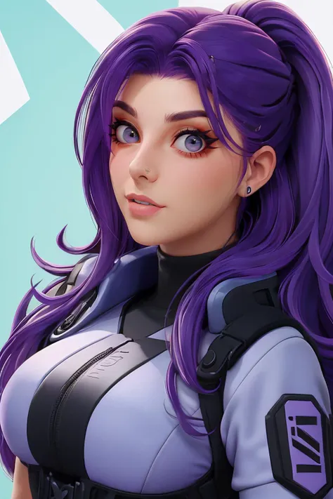 a close up of a woman with purple hair and a purple outfit