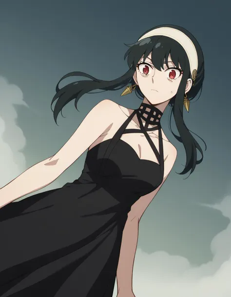 a woman in a black dress standing in front of a cloudy sky