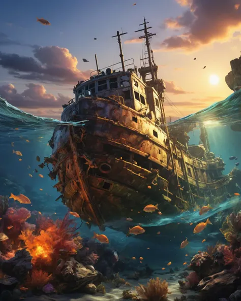 side view shot of a"Wreck Hunter", it is Underwater, at Golden hour, Masterpiece, Joyful, Trendercore, Dark hue, <lora:å¡éé£æ¯æä¿¡ç:1> (ka tong feng jing ming xin pian)