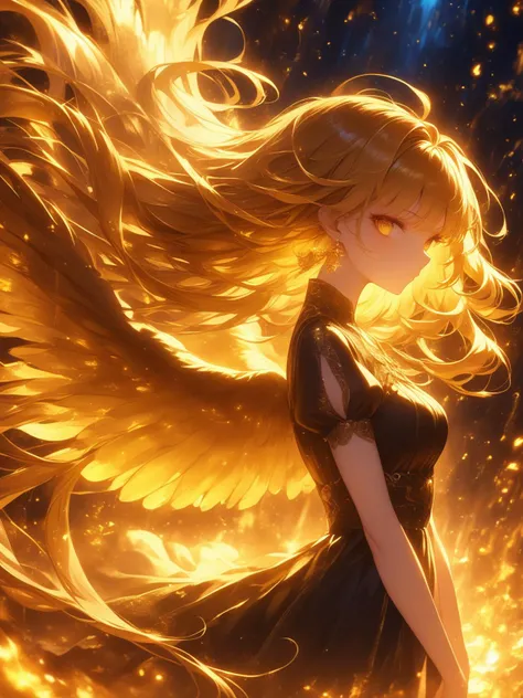 (shen ming shao nv), 1girl, solo, wings, dress, long hair, short sleeves, blonde hair, black dress, from side, puffy sleeves, feathered wings, puffy short sleeves, breasts, floating hair, looking at viewer, earrings, bangs, jewelry, medium breasts, very lo...
