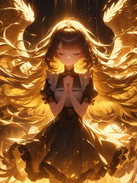 (shen ming shao nv),1girl,maid,solo,closed eyes,long hair,wings,dress,own hands together,short sleeves,very long hair,bangs,closed mouth,floating hair,feathered wings,facing viewer,praying,own hands clasped,yellow wings,hands up,puffy sleeves,glowing,backl...