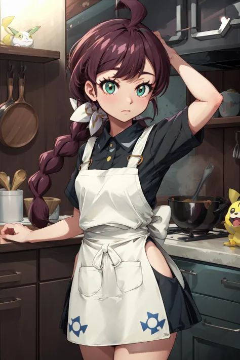 masterpiece,best quality,1girl,chloe (pokemon),chl1,braided_ponytail,ahoge,eyelashes,waist apron,kitchen,soup,<lora:chloe_(pokemon)_v5:0.5>,