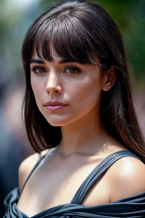 perfect cinematic shoot of a beautiful woman (EP4dr14n4Ug4rt3:.99), a woman standing at a (plain reflecting pool), perfect bangs, wearing sexy (Rich Blue  flowing shoulder accessory:1.2), (people in background:1.1), (detailed background:1.1), (face focus),...