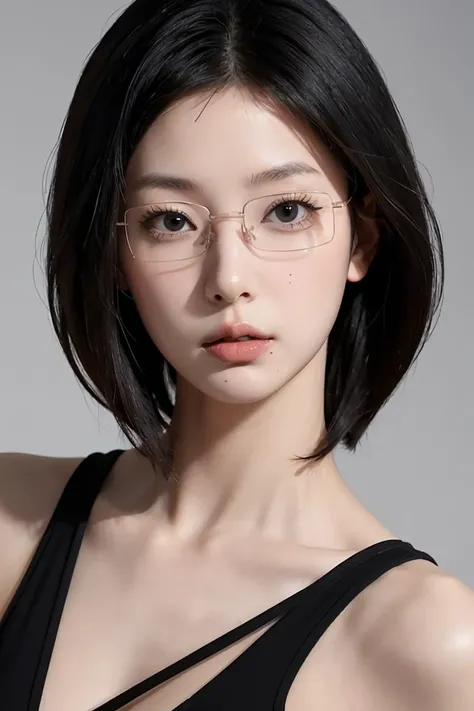 a woman wearing glasses and a black top posing for a picture