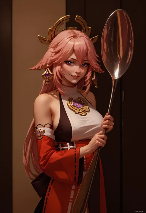 a close up of a woman in a costume holding a spoon