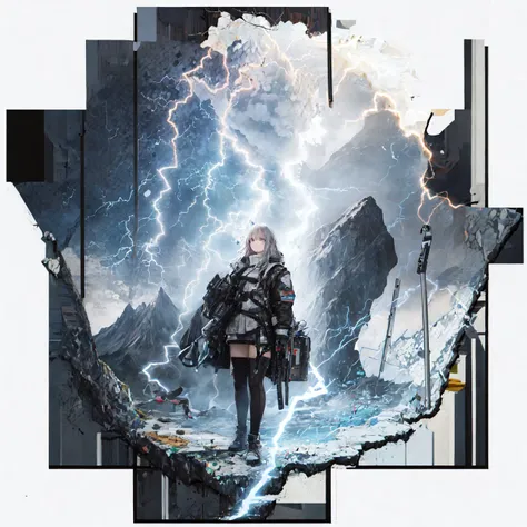 (masterpiece, best quality:1.2), <lora:style_arknightse2art-10:1>, [(white background:1.5)::5], lightning, mountains, full body, solo, 1girl