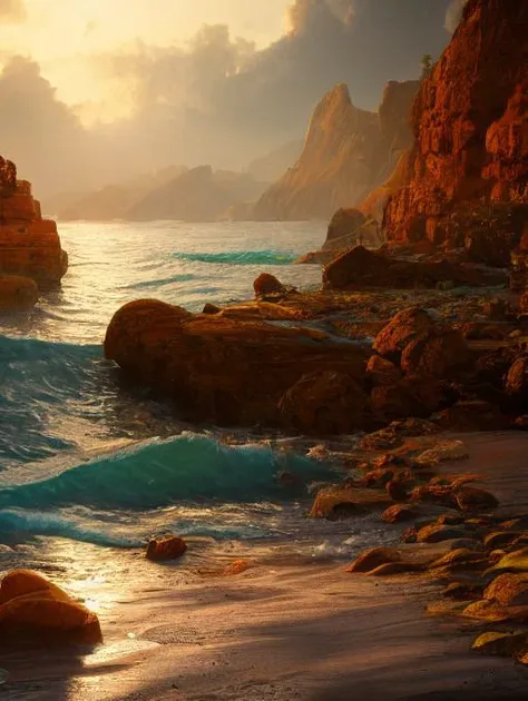 a close up of a beach with rocks and water near a cliff