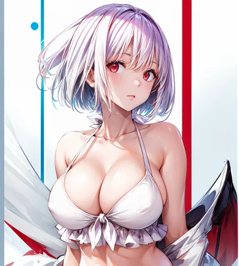 aaakane, short hair, red eyes, large breasts, swimsuit, frilled bikini, white bikini, front-tie top looking at viewer, <lora:shinjou_akane_v2:0.8>,  <lora:add_detail:1>