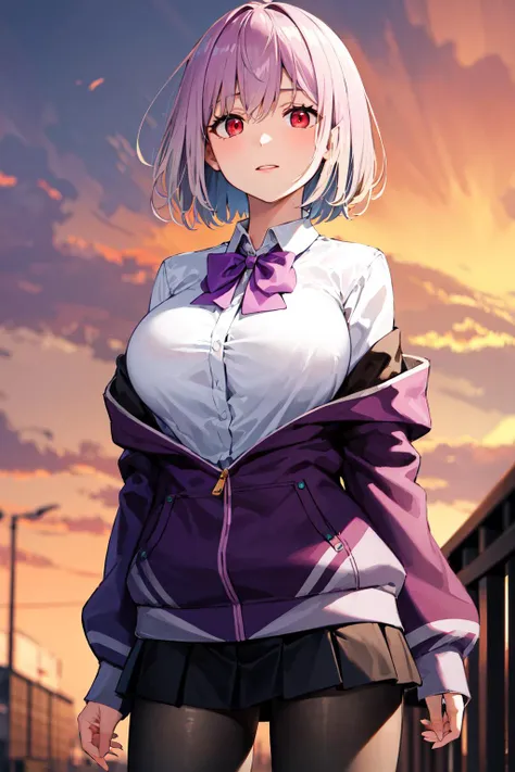 masterpiece, best quality, highres, aaakane, short hair, red eyes, large breasts, purple bowtie, collared shirt, white shirt, off shoulder, purple jacket, partially unzipped, long sleeves, sleeves past wrists, pleated skirt, black skirt, pantyhose, <lora:s...