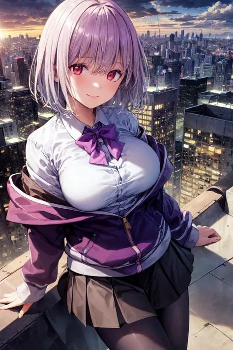 anime girl with purple hair and purple shirt standing on a ledge