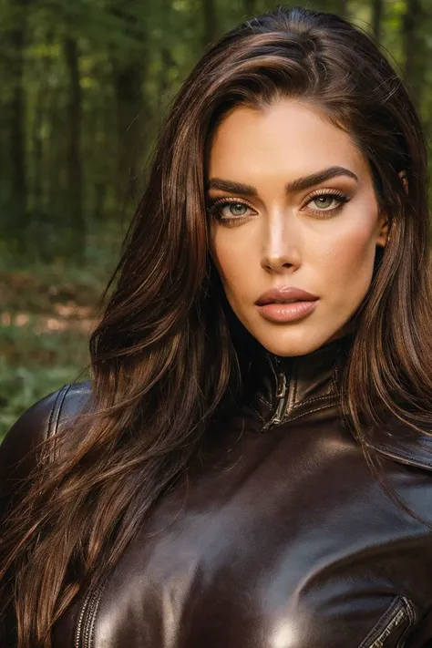 a close up of a woman in a leather jacket posing for a picture