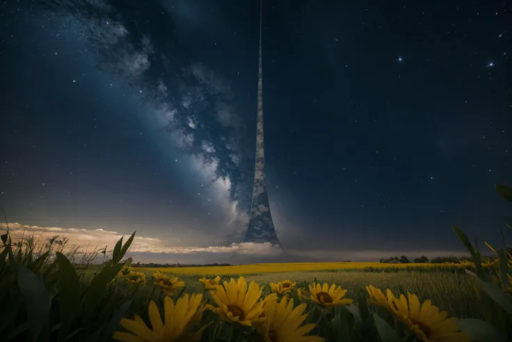 a large field of yellow flowers under a dark sky with a rocket flying in the sky