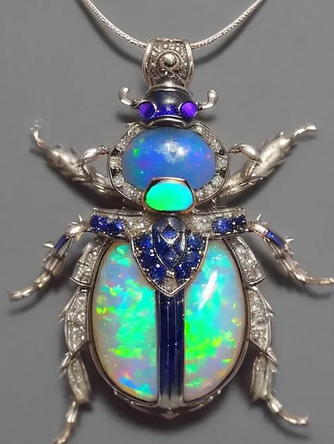 object, (Intricate magic pendant of sapphires opal silver), hanging on neck, scarab beetle, (masterpiece), realistic colorful photography, solo focus, professional photograph,  <lora:Beetle:1>