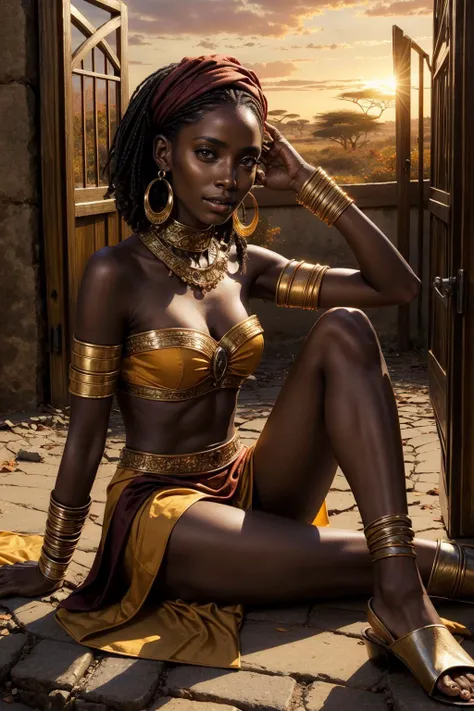 a woman in a gold outfit sitting on a stone floor