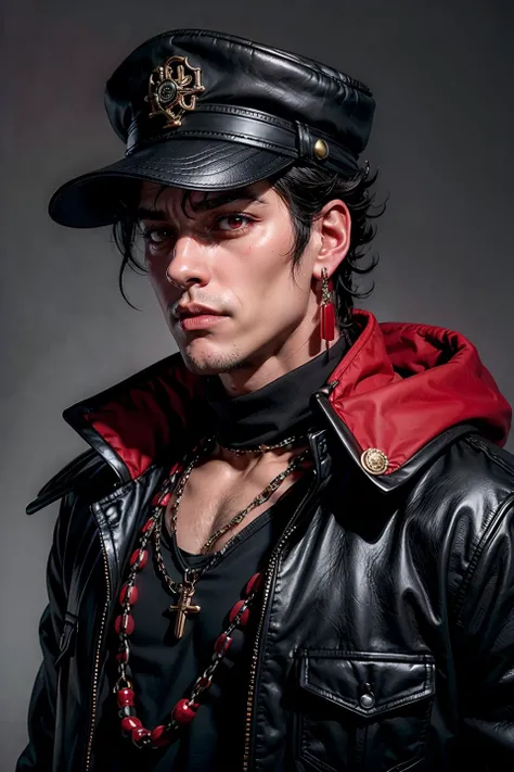 solo, looking at viewer, black hair, red eyes, 1boy, hat, jewelry, male focus, earrings, necklace, chain, portrait, serious, realistic, gakuran, manly, kujo jotaro