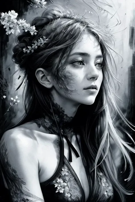 Create a black-and-white sketch in the art style of Carne Griffiths, utilizing charcoal lines to establish strong contrasts and highly detailed linework. Craft an impressionist-style painting featuring a woman, capturing the essence of intricate detailing ...