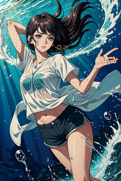 underwater, coral, light shafts, god rays, fish, bubbles, shirt, wet shirt, shorts, short shorts, swimming, floating, falling, colored pencil, clean simple line art of a ((stunningly attractive)), ((pure delicate innocent)), dreamy,Fantasy, Highly detailed...