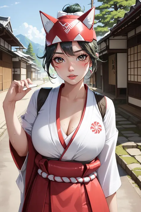 (masterpiece, best quality),  intricate details,
1girl,    <lora:kiriko-08:0.8>  mask, fox mask, japanese clothes, bow, kimono, facial mark, white kimono, hair bow, white bow, hakama skirt,, kiriko,
sweating, cleavage, outdoors, japanese village,