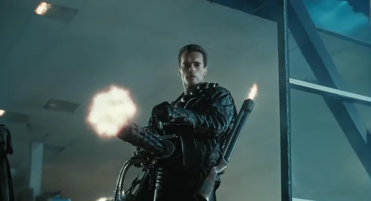 cinematic film still of  <lora:Handheld M134 Minigun:0.6>
In the 1990s a man in a black leather jacket holding a Handheld M134 Minigun,Extras,weapon,gun,no humans,science fiction,blue theme,firing,spacecraft , cinematic color, contrast, filmic, science fic...