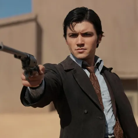 cinematic film still of  <lora:Colt revolver handgun:0.8>
a man in a suit holding a gun,solo,shirt,black hair,1boy,holding,weapon,male focus,necktie,teeth,holding weapon,gun,formal,suit,holding gun,handgun,realistic , gun, handgun, pistol, revolver, wild w...