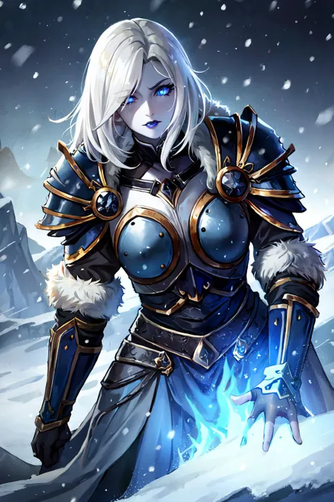 (masterpiece:1.2), (best quality:1.2), perfect eyes, perfect face, volumetric lighting, 1girl, mature female wowdk, white hair, glowing blue eyes, very pale skin, heavy armor, gauntlets, skirt,  fur, skulls, black steel, snow, snowstorm, graveyard, fantasy...