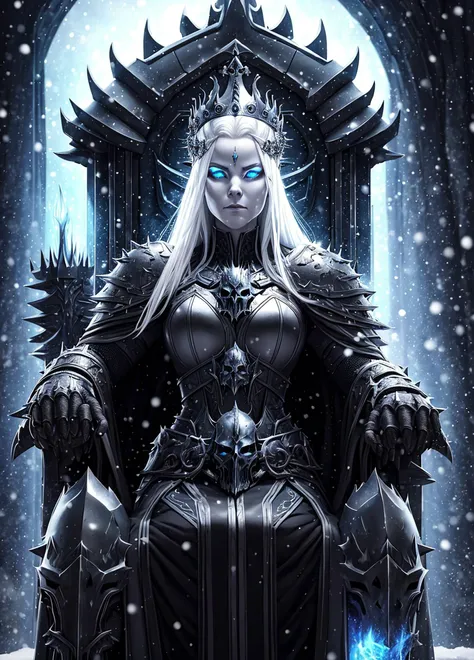 realistic:0.75, 1girl, (wowdk), sitting, throne, ice chair,  (glowing blue eyes), colored sclera, pointed ears:0.35, white hair, beautiful face, pale skin, (black and silver spiked crown), (black skull armor), dress, (fur trim:0.25), (black skull pauldrons...