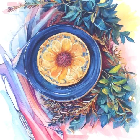 painting of a blue bowl with a yellow flower on top of it