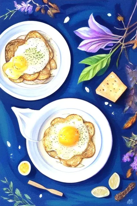 painting of two plates of food with eggs and crackers on a blue table