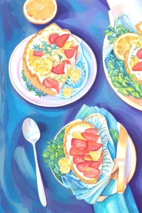 painting of a table with two plates of food and a spoon