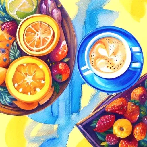 painting of a cup of coffee and a plate of fruit