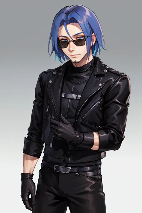 a man with blue hair and black leather jacket standing in front of a gray background