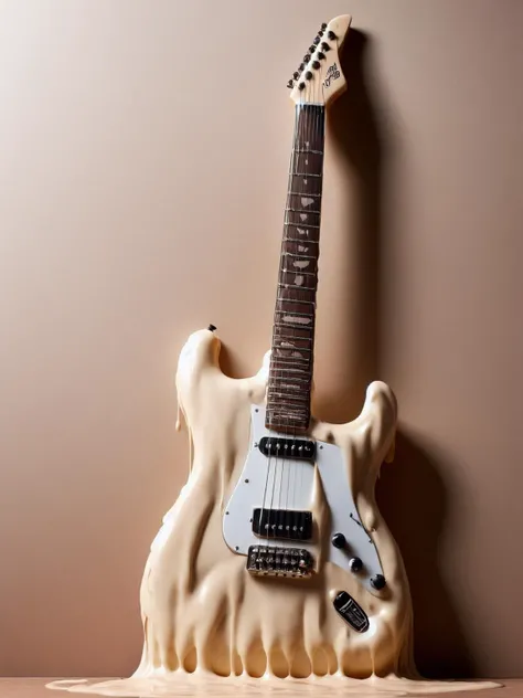 white ais-chocsauce electric guitar on stage ready for a gig <lora:Chocolate_Sauce_SDXL:1>