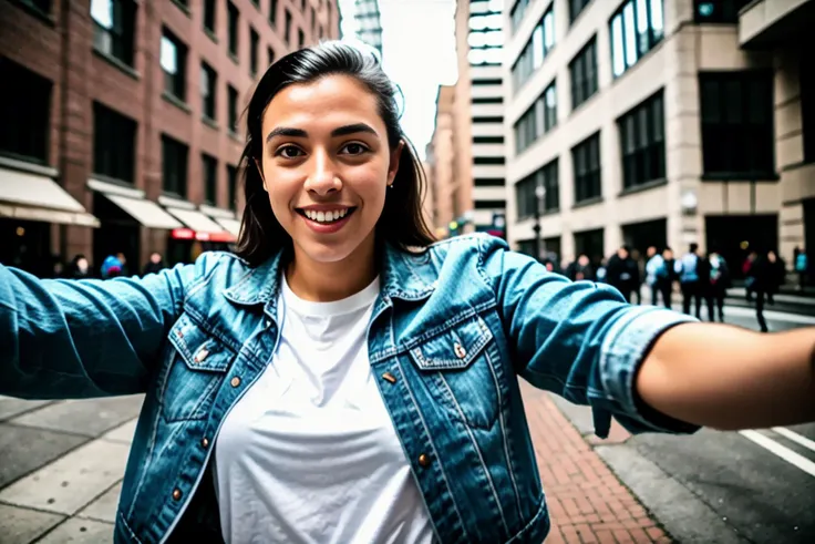 arafed woman in a white shirt and blue jacket standing on a city street