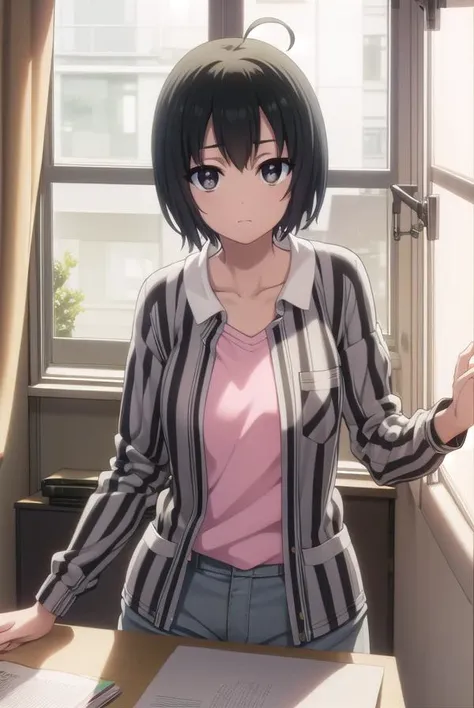 misatoudou, <lora:misa toudou s1-lora-nochekaiser:1>,
misa toudou, short hair, black hair, ahoge, (black eyes:1.3),
BREAK shirt, plaid shirt, open clothes, pink shirt, pants,
BREAK indoors, office,
BREAK looking at viewer, dynamic pose,
BREAK <lyco:GoodHan...