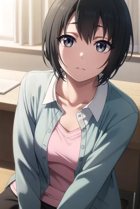 misatoudou, <lora:misa toudou s1-lora-nochekaiser:1>,
misa toudou, short hair, black hair, ahoge, (black eyes:1.3),
BREAK shirt, plaid shirt, open clothes, pink shirt, pants,
BREAK indoors, office,
BREAK looking at viewer, dynamic pose,
BREAK <lyco:GoodHan...