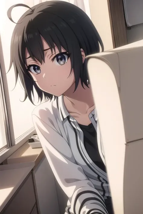 misatoudou, <lora:misa toudou s1-lora-nochekaiser:1>,
misa toudou, short hair, black hair, ahoge, (black eyes:1.3),
BREAK shirt, plaid shirt, open clothes, pink shirt, pants,
BREAK indoors, office,
BREAK looking at viewer, dynamic pose,
BREAK <lyco:GoodHan...