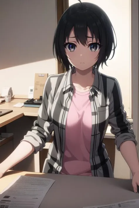 misatoudou, <lora:misa toudou s1-lora-nochekaiser:1>,
misa toudou, short hair, black hair, ahoge, (black eyes:1.3),
BREAK shirt, plaid shirt, open clothes, pink shirt, pants,
BREAK indoors, office,
BREAK looking at viewer, dynamic pose,
BREAK <lyco:GoodHan...