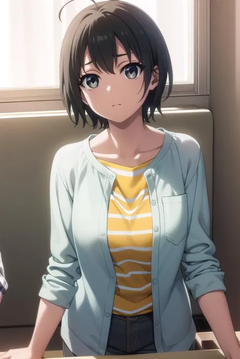 misatoudou, <lora:misa toudou s1-lora-nochekaiser:1>,
misa toudou, short hair, black hair, ahoge, (black eyes:1.3),
BREAK shirt, plaid shirt, open clothes, pink shirt, pants,
BREAK indoors, office,
BREAK looking at viewer, dynamic pose,
BREAK <lyco:GoodHan...