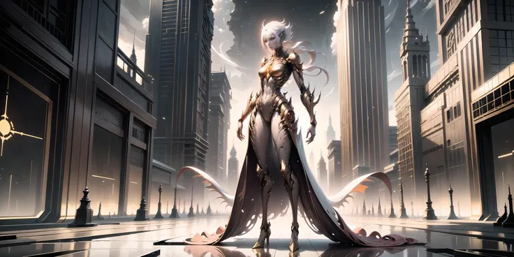 a woman in a long dress standing in a city with a sword