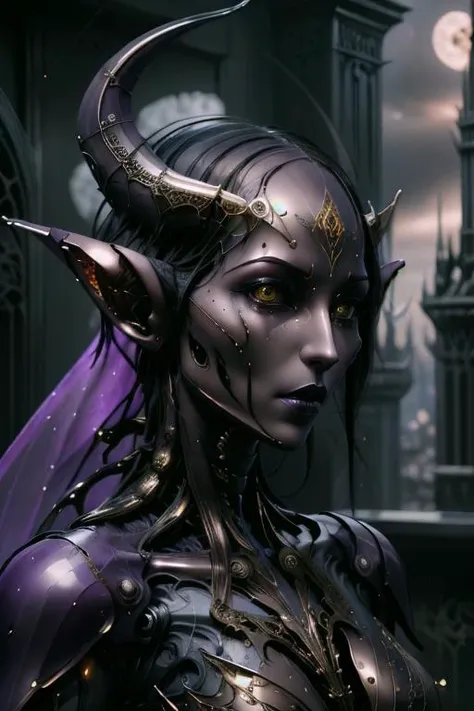 a close up of a woman with horns and a purple dress