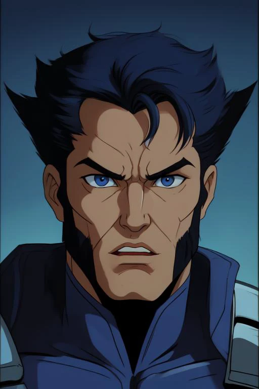 X-men TaS Style, 1boy, black eyes, blue hair, male focus, open mouth, pilot suit, portrait, retro artstyle, solo, stubble, Logan, Wolverine <lora:XmenStyle:0.8>