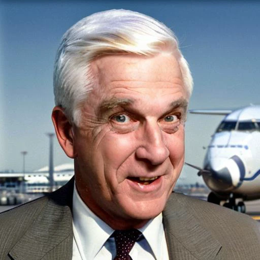 a man in front of an airplane on an airport <lora:LeslieNielsenLora:0.7> 1boy, white hair, old man, formal, shirt, necktie, suit, manly,