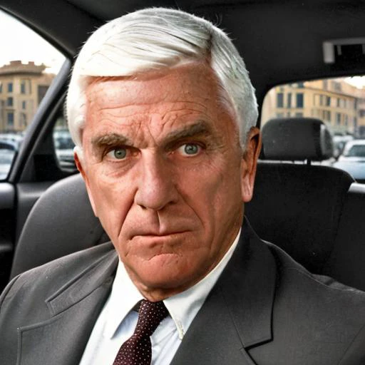 a man driving a car in rome<lora:LeslieNielsenLora:0.7> 1boy, white hair, old man, formal, shirt, necktie, suit, manly,