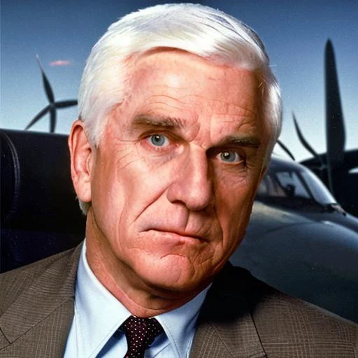 a man in front of an airplane on an airport <lora:LeslieNielsenLora:0.7> 1boy, white hair, old man, formal, shirt, necktie, suit, manly,