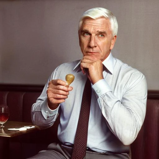 a man eating at a restaurant, full body <lora:LeslieNielsenLora:0.7> 1boy, white hair, old man, formal, shirt, necktie, suit, manly,