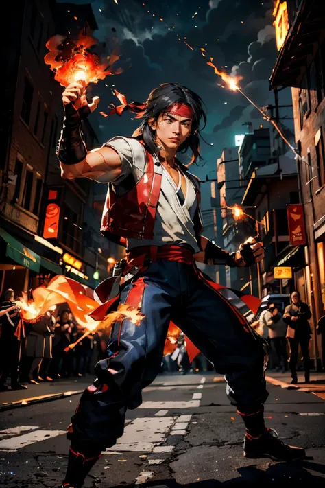 mklkng, man,black hair, red headband, black vest,red sash, black pants, looking at viewer, serious, dynamic shot, fighting pose, fire spell, fireball around hands, outside, city, street,  extreme detail, masterpiece,  <lora:mklkng_v3:.8>