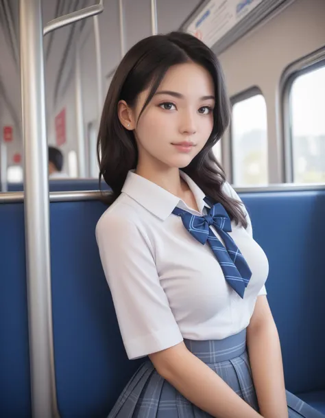 a close up of a woman in a school uniform sitting on a train