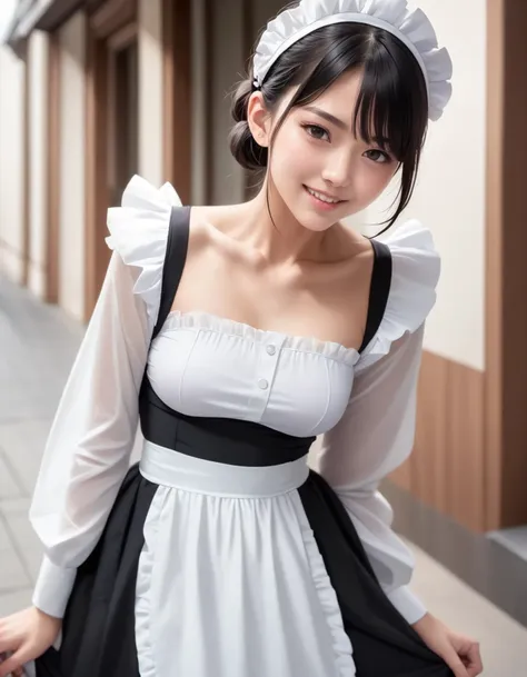 a close up of a woman in a maid outfit posing for a picture