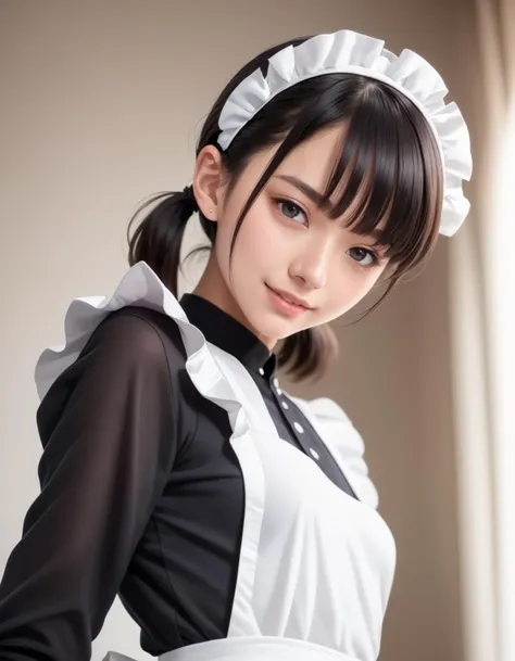 a close up of a woman in a maid outfit posing for a picture